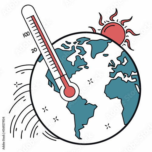 Global Warming: A stark illustration captures the urgent threat of climate change, with a thermometer soaring above a stylized globe, symbolizing rising temperatures and the impact on our planet.