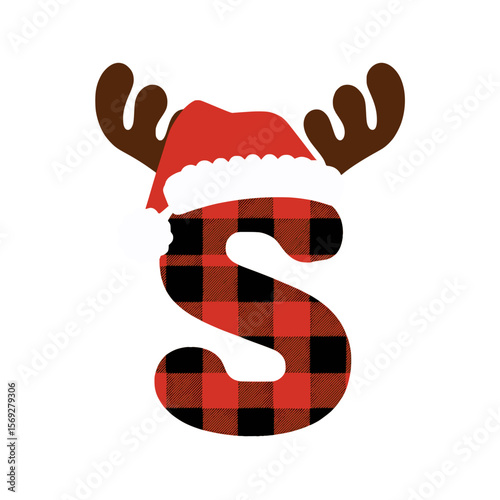 Christmas letter S with plaid, antlers, and Santa hat, Festive uppercase letter S featuring a red plaid pattern, Santa hat, and antlers, perfect for Christmas crafts, decoration, and holiday graphic 
