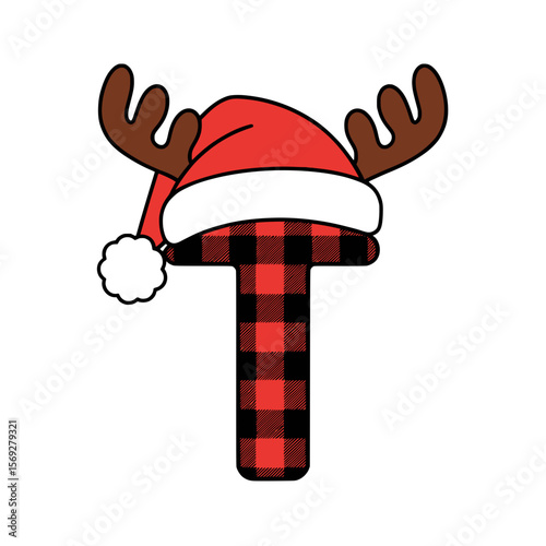 Christmas letter T with plaid antlers and Santa hat, Festive uppercase letter T decorated with red plaid, antlers, and a Santa hat, ideal for Christmas crafts, decoration, and winter designs.

