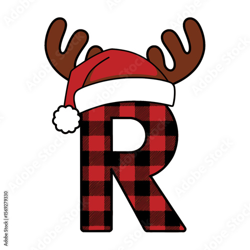 Christmas letter R with plaid, antlers, and Santa hat, Festive uppercase letter R decorated with a red plaid pattern, Santa hat, and cartoon antlers, perfect for Christmas crafts and holiday-themed 
