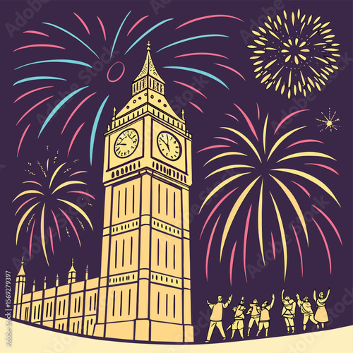 New Year's Eve Fireworks over Big Ben: A celebratory illustration of Big Ben and the Houses of Parliament silhouetted against a vibrant firework display.