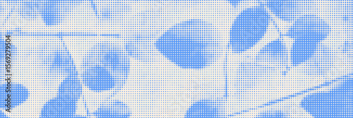 Cyanotype halftone overlay texture bg with leaves silhouettes. Vector soft blue wallpaper for template, graphic design projects, artworks.