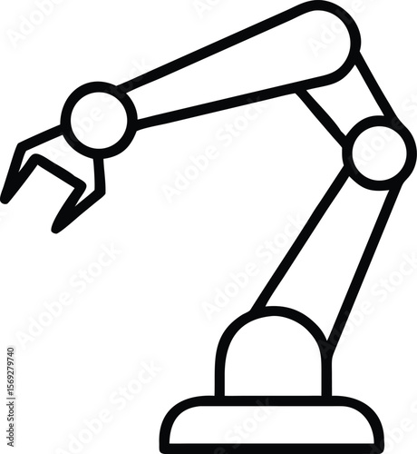 Simple black line drawing of an industrial robotic arm with a gripper