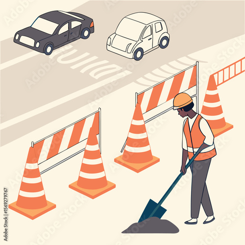 Road work site: An illustration showcases a roadwork site with an individual digging the road, orange traffic cones, a safety barrier, and passing vehicles, all under a bright sun in a sunny setting.
