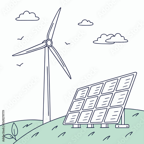 Eco-Friendly Energy: An artistic representation showcases a fusion of clean energy, depicting a harmonious synergy between a towering wind turbine and a solar panel field.
