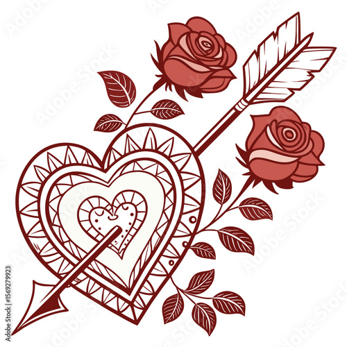 Love's Piercing: A romantic image of a heart pierced by an arrow, with blooming roses, symbolizes love, passion, and the emotional experience of the heart.