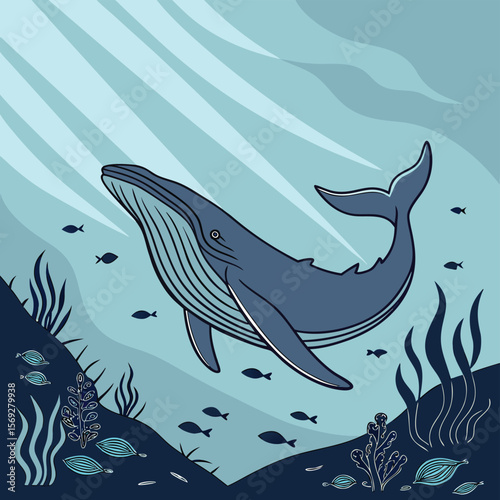 Whale Illustration: A majestic whale gracefully glides through the ocean depths, depicted in a beautiful marine life illustration with sunlight streaking through the water.