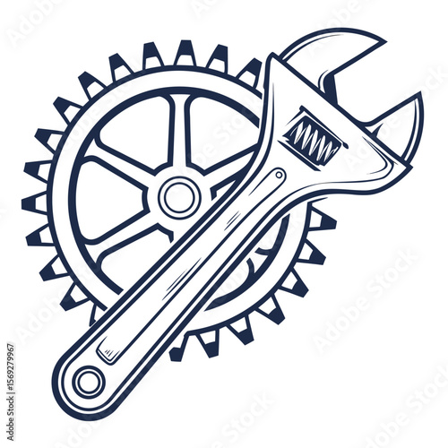 Mechanical Harmony: A precise illustration of a wrench and gear wheel, representing engineering, precision, and mechanics, essential tools in construction and industry.