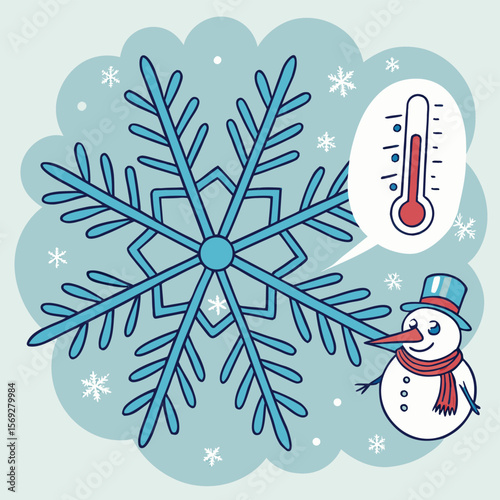 Cool Winter Day: A cheerful snowman and a delicate snowflake interact against a backdrop of softly falling snowflakes and a temperature indicator. The scene illustrates winter's brisk cold.