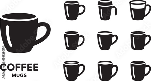 Collection of Coffee Mug Icons Simple Black and White Designs
