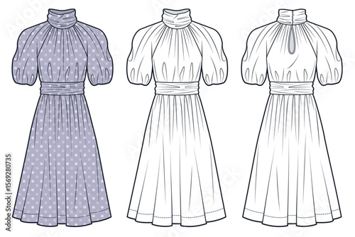 Midi Dress technical fashion illustration, polka dot design. High Neck Dress fashion flat technical drawing template, puff sleeve, front and back view, white, lilac, women Dress CAD mockup set.