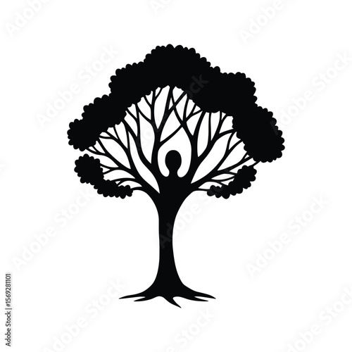 Vector silhouette of a tree with roots, symbolizing nature's life and growth with green leaves and branches, an ecological design icon for all seasons