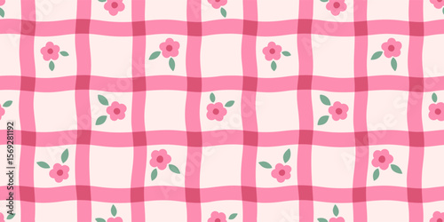 Coquette Floral Seamless Pattern combining Plaid and Delicate Small Flowers. Cottagecore Vector Background in Vintage Ditsy Style with Soft Pink Tones, perfect for Textile, Paper, and Web Design.
