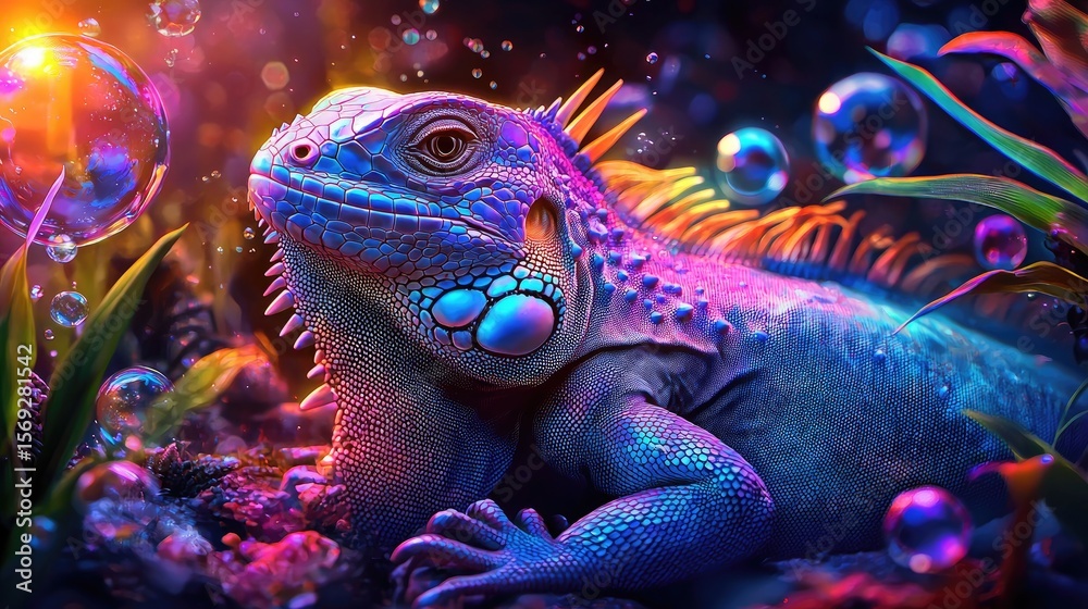 Fototapeta premium Vibrant lizard surrounded by colorful bubbles.