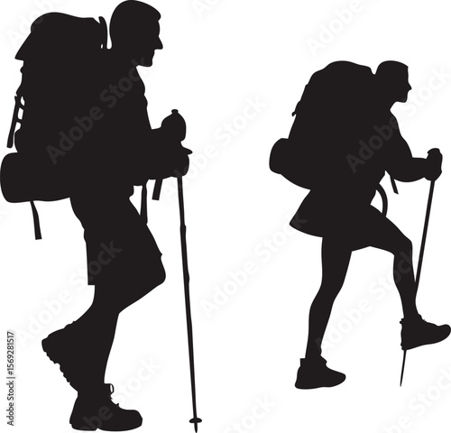 Silhouette of Two Hikers with Backpacks and Trekking Poles on White