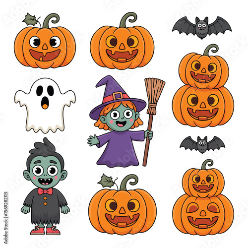 Cute Halloween Cartoon Character Vector Clip Art Set – Pumpkins, Witch, Ghost, Zombie and Bat Illustration