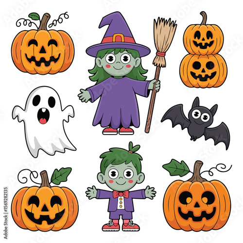Cute Halloween Cartoon Character Vector Clip Art Set – Pumpkins, Witch, Ghost, Zombie and Bat Illustration