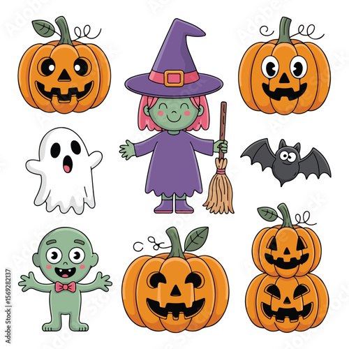 Cute Halloween Cartoon Character Vector Clip Art Set – Pumpkins, Witch, Ghost, Zombie and Bat Illustration