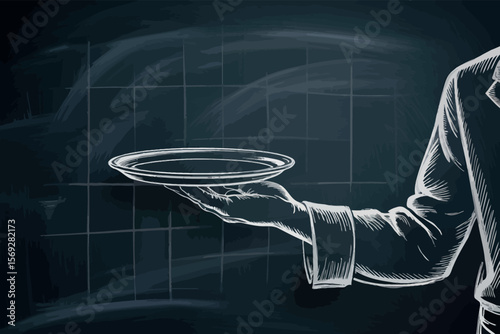 Waiter serving tray illustration on chalkboard restaurant service art