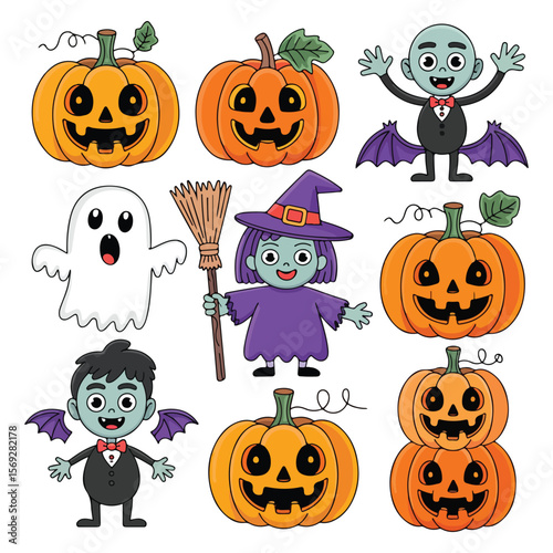 Cute Halloween Cartoon Character Vector Clip Art Set – Pumpkins, Witch, Ghost, Zombie and Bat Illustration