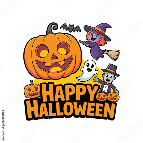 Cute Halloween Cartoon Character Vector Clip Art Set – Pumpkins, Witch, Ghost, Zombie and Bat Illustration