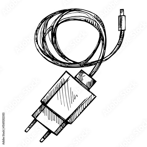 Hand-drawn sketch of electric plug, micro usb charger for smartphone.⁠
