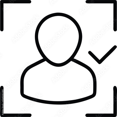Simple black outline icon of a person within a frame with a checkmark
