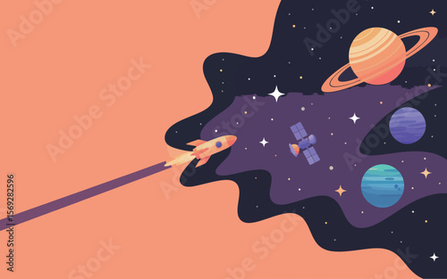 Vector illustration of rocket ship in space with planets and stars art
