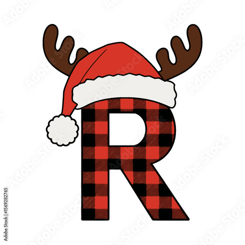 Christmas letter R with plaid, antlers, and Santa hat, Festive uppercase letter R decorated with a red plaid pattern, Santa hat, and cartoon antlers, perfect for Christmas crafts and holiday-themed 
