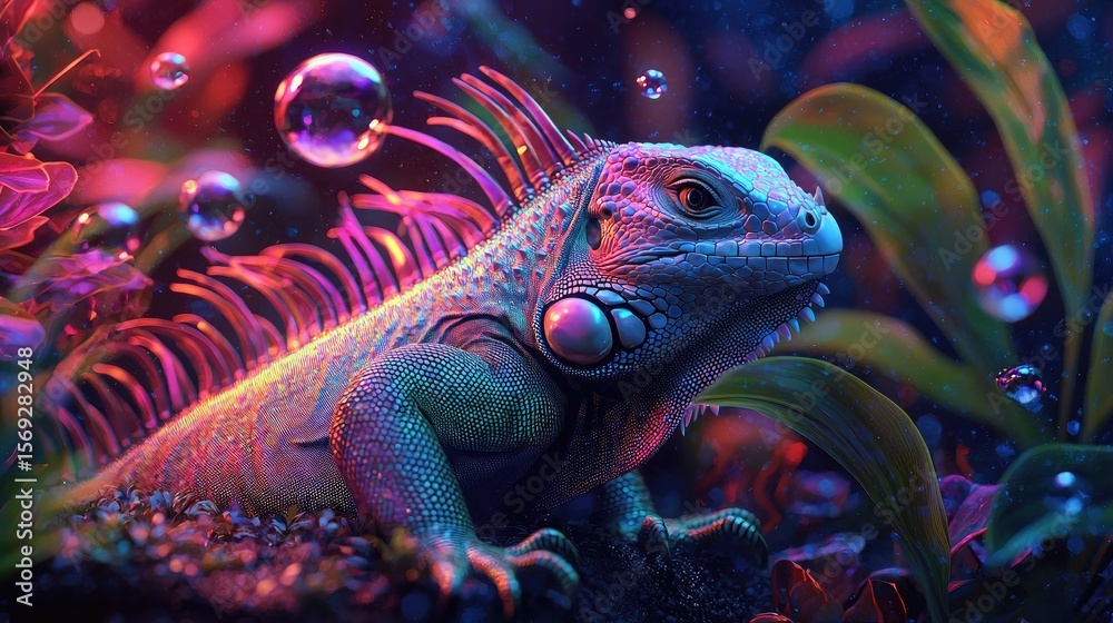 Fototapeta premium Vibrant iguana in a glowing underwater environment.
