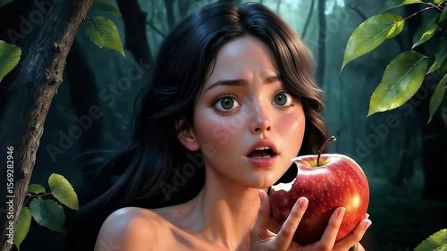 Eve eats the forbidden fruit. Bible scene religious concept.