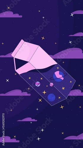 Lofi cosmic milk carton filled with stars and planets vertical animation. Surreal galaxy dairy box floating in dreamy night sky. Lo fi 2D cartoon animated 4k video. Chill aesthetic, live wallpaper