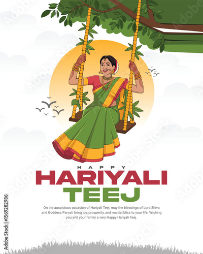 Happy Hariyali Teej Festival Celebration with Lord Shiva and Goddess Parvati Illustration for Monsoon Season and Traditional Hindu Festival Post