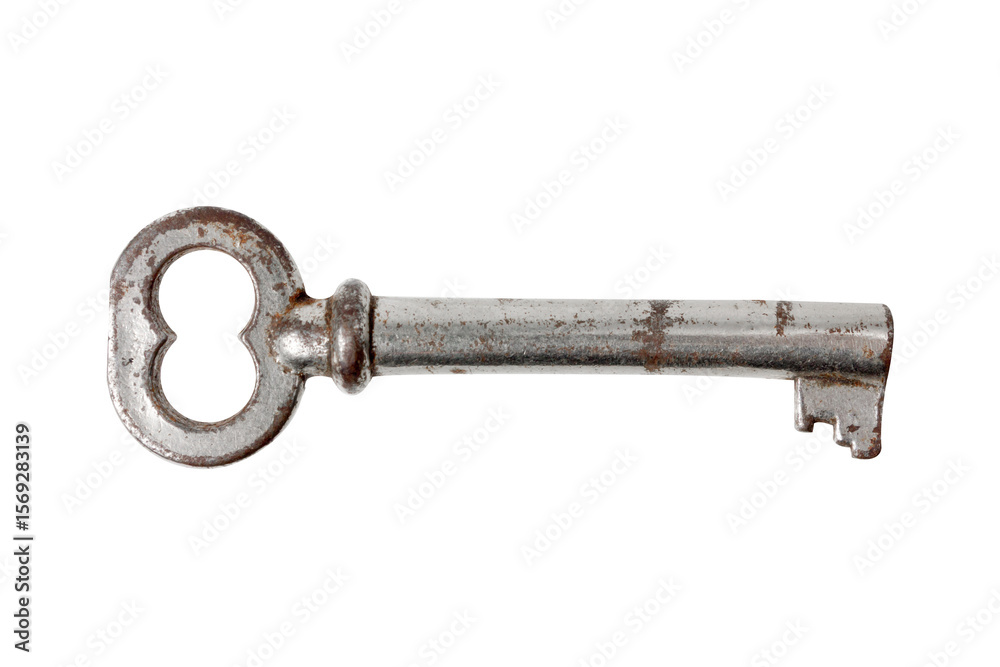 Antique metal key with rust on a white background. Antique metal key with rust on a white background.