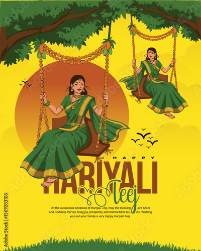 Happy Hariyali Teej Festival Celebration with Lord Shiva and Goddess Parvati Illustration for Monsoon Season and Traditional Hindu Festival Post