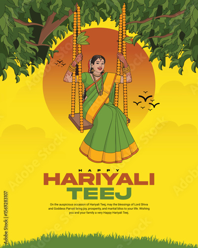 Happy Hariyali Teej Festival Celebration with Lord Shiva and Goddess Parvati Illustration for Monsoon Season and Traditional Hindu Festival Post