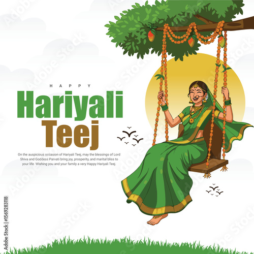 Happy Hariyali Teej Festival Celebration with Lord Shiva and Goddess Parvati Illustration for Monsoon Season and Traditional Hindu Festival Post