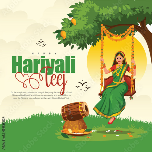 Happy Hariyali Teej Festival Celebration with Lord Shiva and Goddess Parvati Illustration for Monsoon Season and Traditional Hindu Festival Post