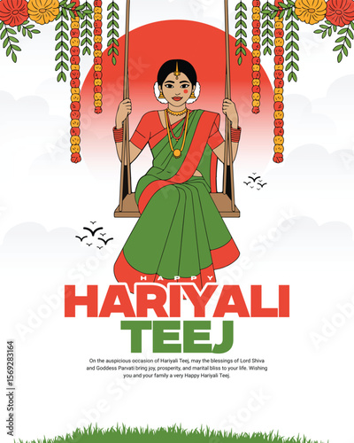 Happy Hariyali Teej Festival Celebration with Lord Shiva and Goddess Parvati Illustration for Monsoon Season and Traditional Hindu Festival Post