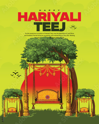 Happy Hariyali Teej Festival Celebration with Lord Shiva and Goddess Parvati Illustration for Monsoon Season and Traditional Hindu Festival Post
