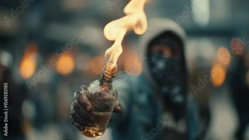 Civil war on city street with protester man holding bottle with fire - Defocused person - Model by AI generative