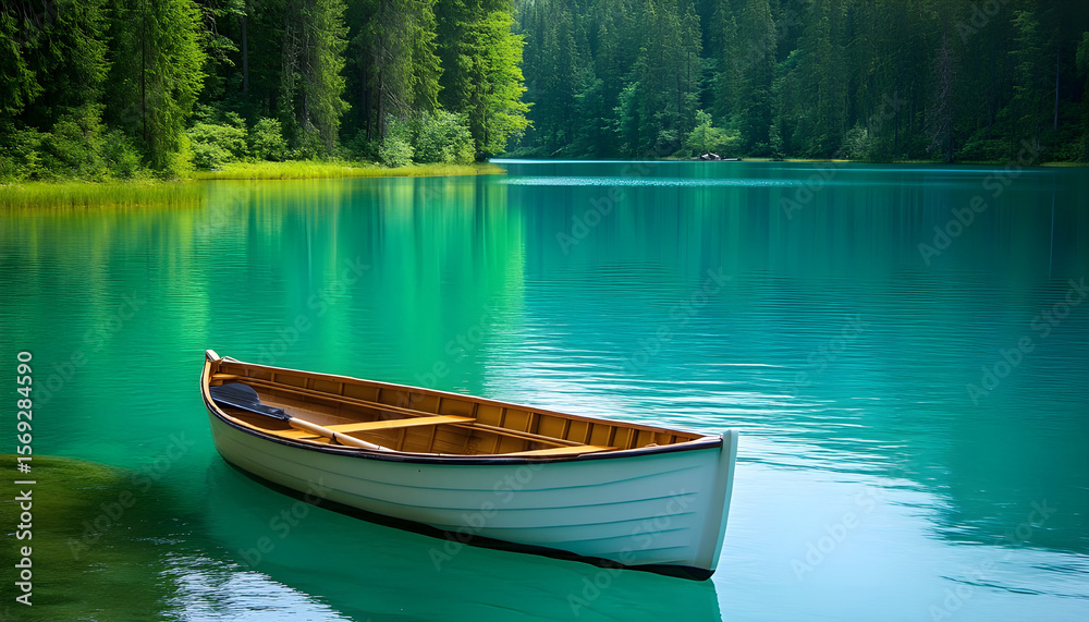 Fototapeta premium Rowboat Floating on Turquoise Lake Surrounded by Forest, Illustrating Serenity and Summer Vacation
