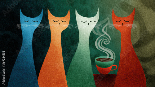 Four stylized cats with long necks and closed eyes — blue, white, and orange — near a steaming green cup on a red saucer, spiral steam, dark green-black background.