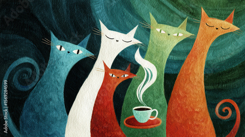 Four stylized cats with long necks and closed eyes — blue, white, and orange — near a steaming green cup on a red saucer, spiral steam, dark green-black background.