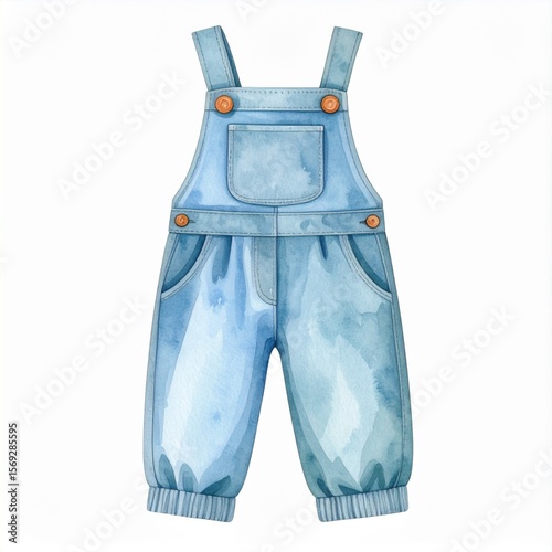 Watercolor Painting of Blue Denim Baby Overalls