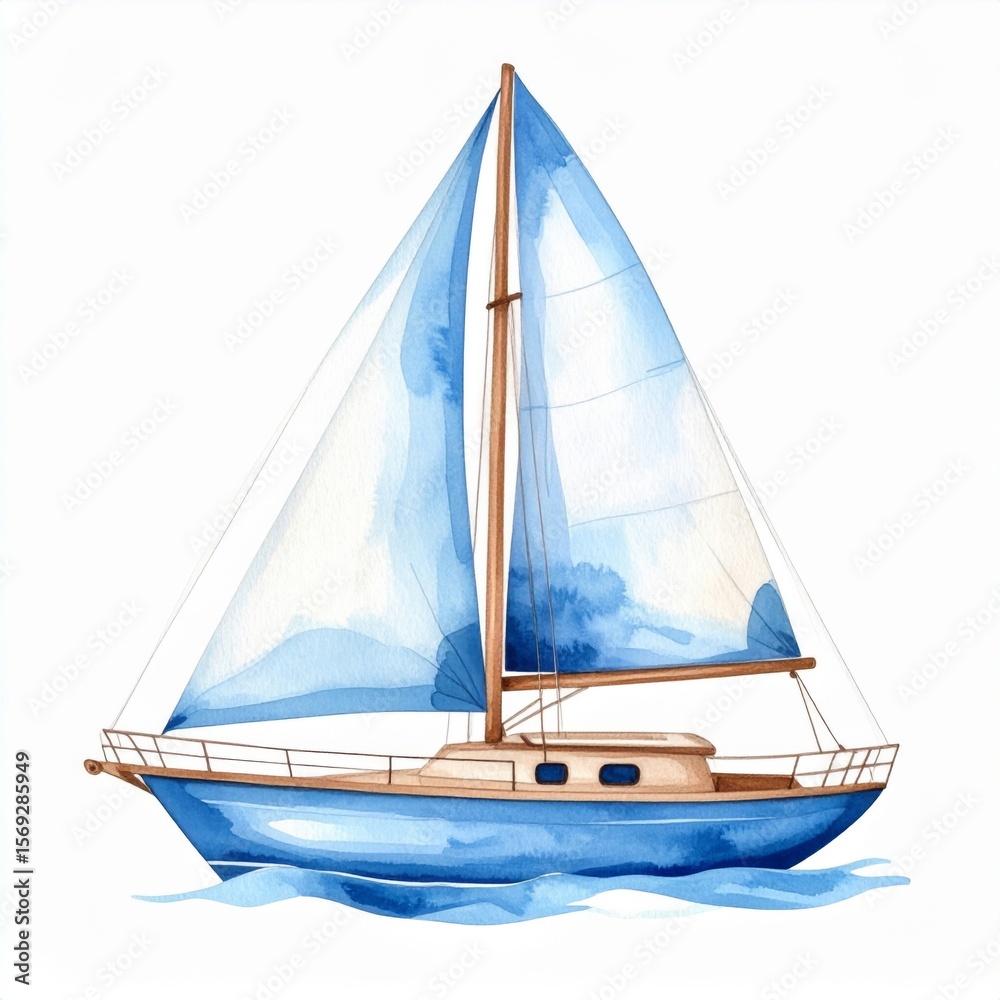 Fototapeta premium Blue Sailboat Watercolor Painting on White Background