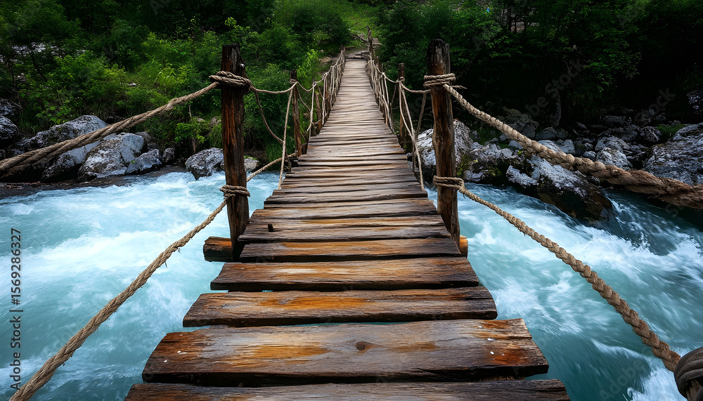 Fototapeta premium Scenic wooden bridge with rope railings over calm water leading to a distant shoreline