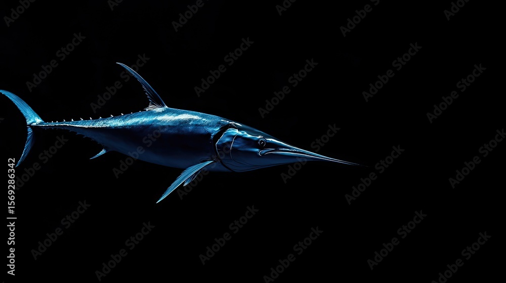 Fototapeta premium Striking image of a marlin against a black backdrop.