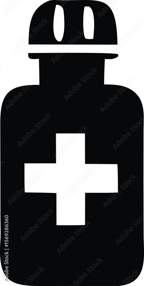 Stylized black silhouette of a medicine bottle with a white cross emblem representing healthcare and pharmaceuticals Stylized black silhouette of a medicine bottle with a white cross emblem representing healthcare and pharmaceuticals