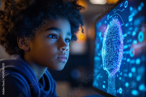 School student working on a smart tablet device using AI artificial intelligence technology and machine learning. Interactive classroom technology and AI blue holographic data, Generative AI